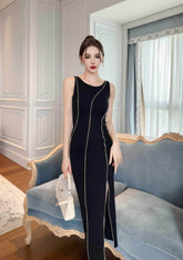 Sleeveless Contrast Stitch Midi Dress S / Black